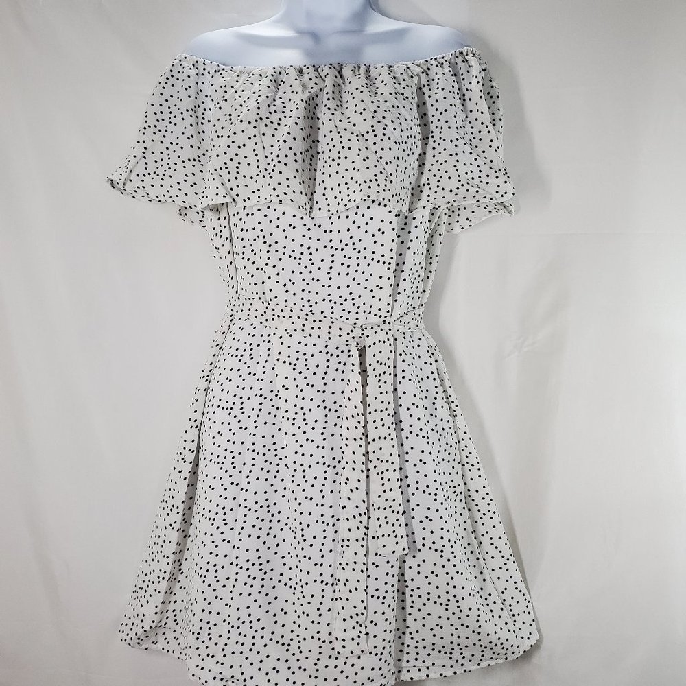 Off Shoulder Belted Polka Dot Dress
